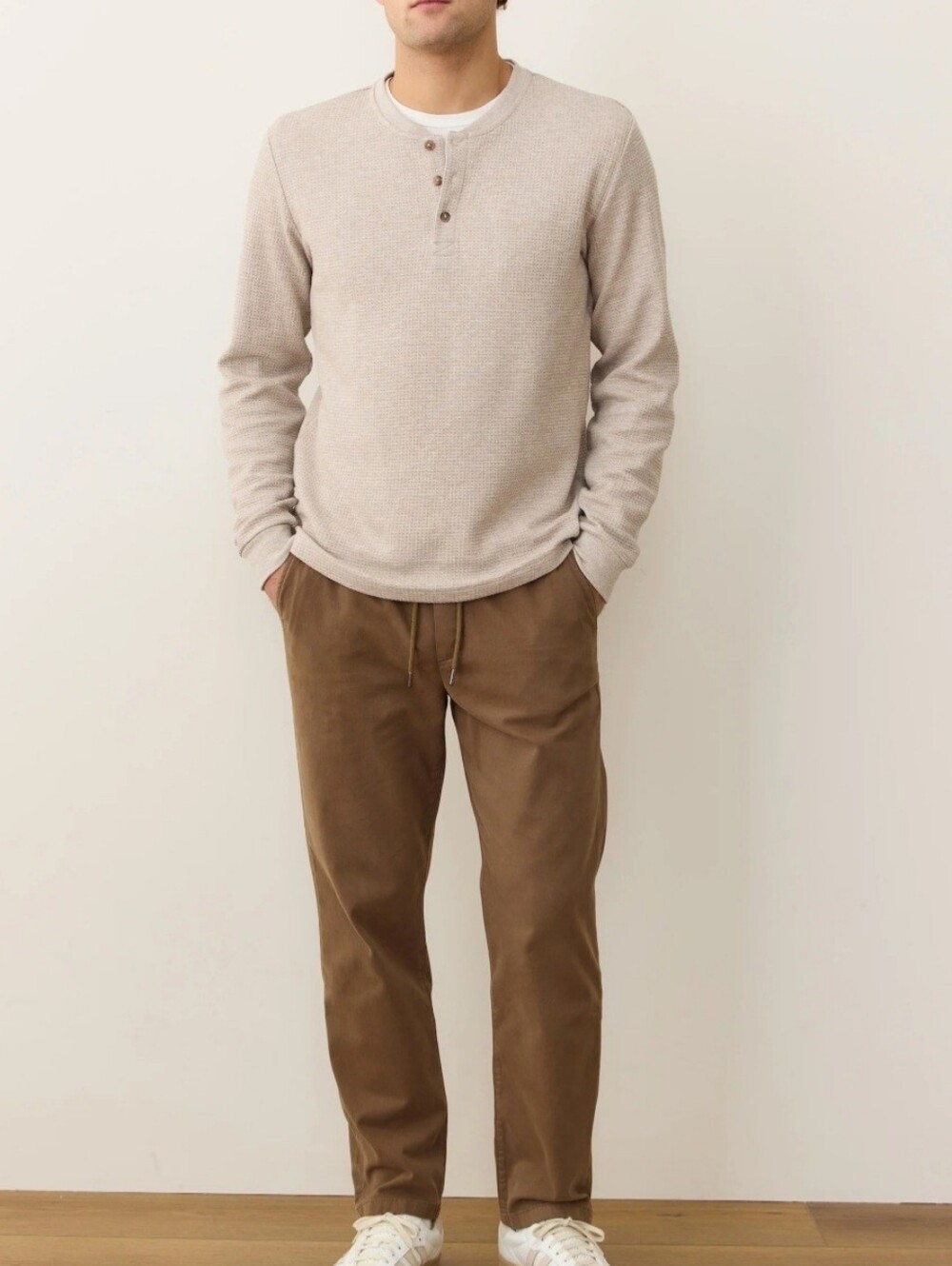 Marine Layer Waffle Henley Crewneck Sweater with Buttons, Men’s Medium Oatmeal